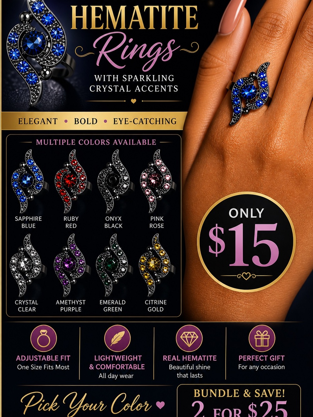 Hematite Ring with color Crystals - Unbranded
